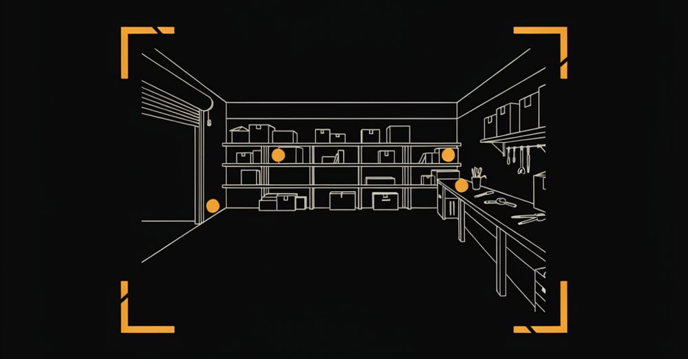 Line drawing of a garage with viewfinder brackets and three items marked