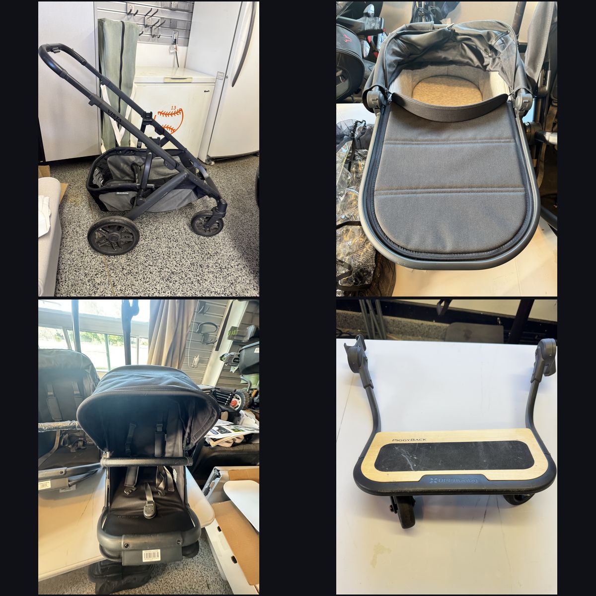 UPPAbaby Vista system: frame, bassinet, RumbleSeat, PiggyBack board